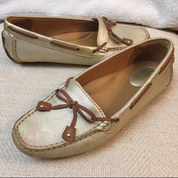 Clarks Gold Moccasins with Brown Accents - Picture 1 of 5